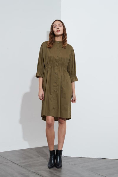 Shirring Detail Dress- Khaki