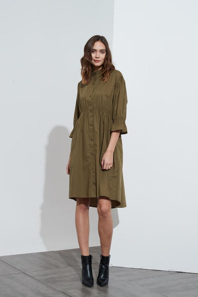Shirring Detail Dress- Khaki