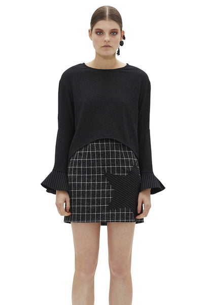 Ilona Flute Sleeve Frill Top- Black/Wht