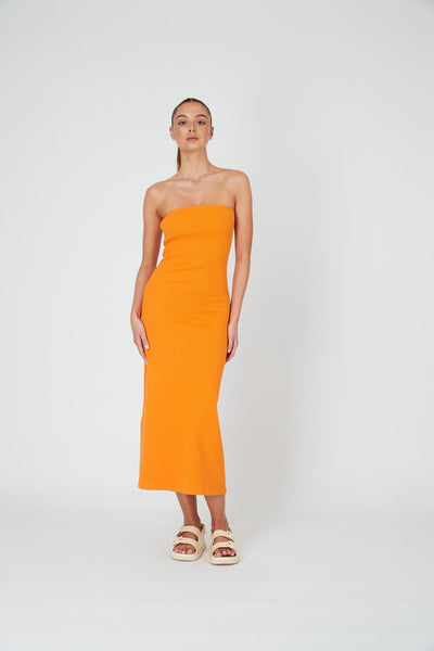 STRAPLESS A LINE MIDI DRESS - TANGERINE