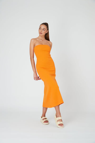 STRAPLESS A LINE MIDI DRESS - TANGERINE