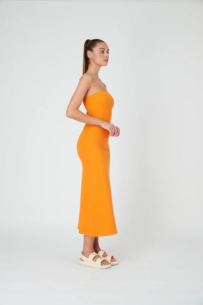 STRAPLESS A LINE MIDI DRESS - TANGERINE