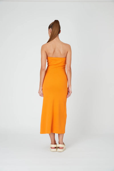 STRAPLESS A LINE MIDI DRESS - TANGERINE