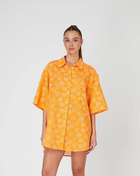 LINEN OVERSIZED SHIRT DRESS - ORANGE DUMB LOVE PRINT