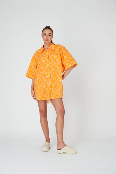 LINEN OVERSIZED SHIRT DRESS - ORANGE DUMB LOVE PRINT