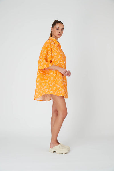 LINEN OVERSIZED SHIRT DRESS - ORANGE DUMB LOVE PRINT