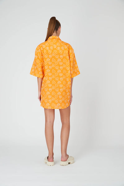 LINEN OVERSIZED SHIRT DRESS - ORANGE DUMB LOVE PRINT