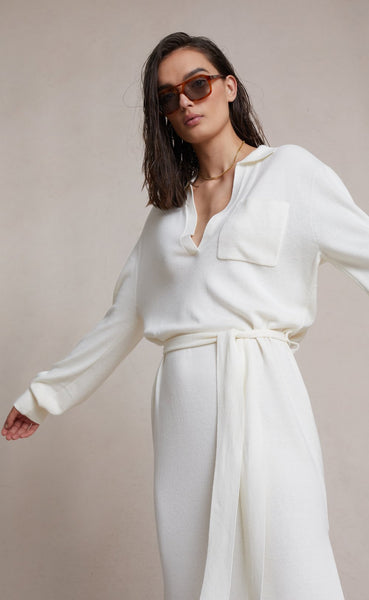 Liam Knit Polo Midi Dress- Ivory