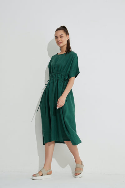 Double Drawcord Dress- Emerald