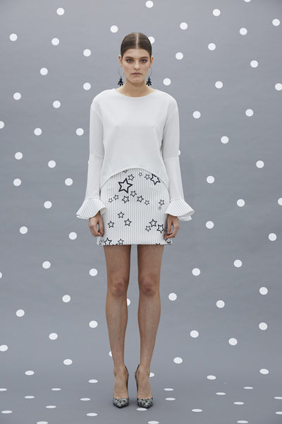 llona Flute Sleeve Frill Top- White/ Black