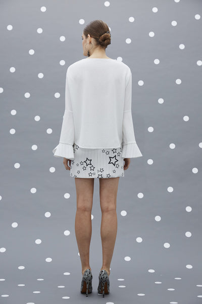 llona Flute Sleeve Frill Top- White/ Black