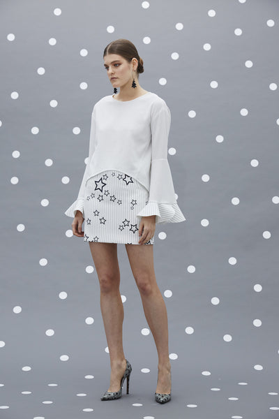 llona Flute Sleeve Frill Top- White/ Black