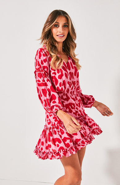 Kahlo Shirt Dress- Red/Pink Leopard