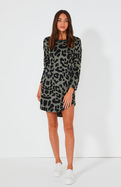 Bronx Longsleeve Dress- Sage Leopard