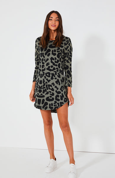 Bronx Longsleeve Dress- Sage Leopard
