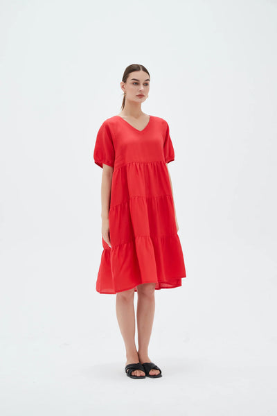 TIRED LINEN DRESS-CANDY RED