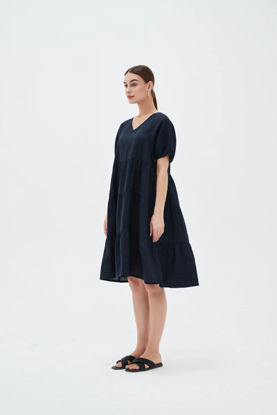 TIRED LINEN DRESS- NAVY