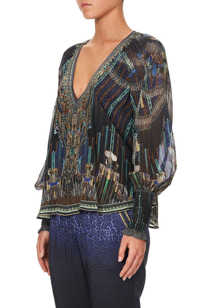 Shirred Cuff Blouse- Dripping In Deco