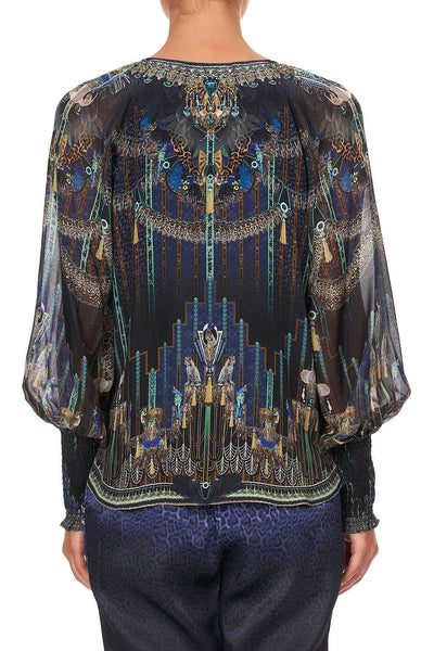 Shirred Cuff Blouse- Dripping In Deco