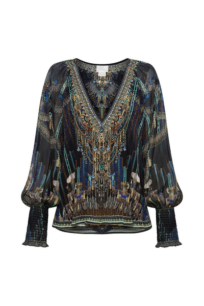 Shirred Cuff Blouse- Dripping In Deco