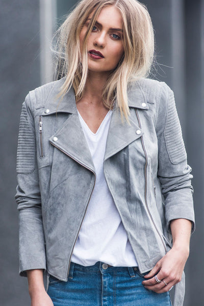 Classic Biker Jacket- Grey Suede