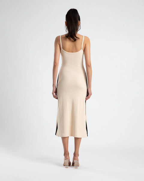 MIDI A LINE DRESS - CREAM/BLACK STRIPE