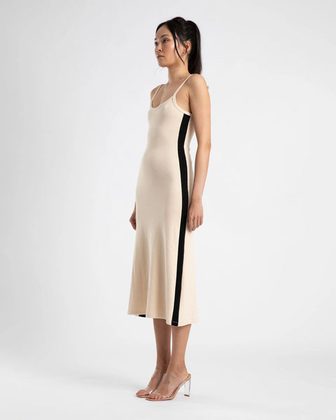 MIDI A LINE DRESS - CREAM/BLACK STRIPE