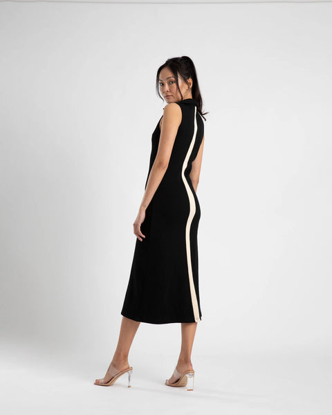 COLLARED V DRESS - BLACK/CREAM STRIPE