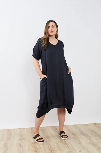 DEEPER V NECK BILLOW DRESS- NAVY