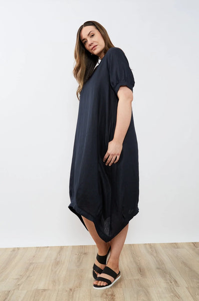 DEEPER V NECK BILLOW DRESS- NAVY