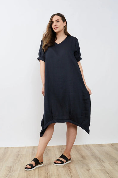 DEEPER V NECK BILLOW DRESS- NAVY