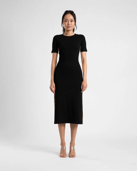 MIDI A LINE DRESS WITH SHORT SLEEVE - BLACK/CREAM STRIPE