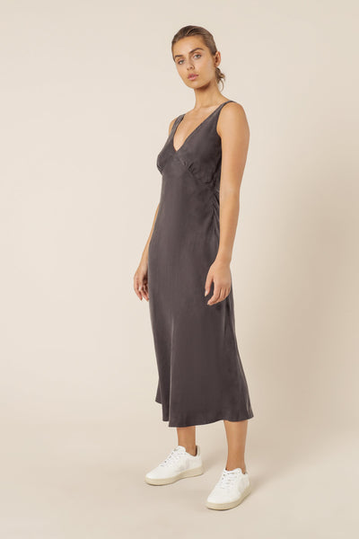 Reese Cupro V Neck Midi Dress- Coal