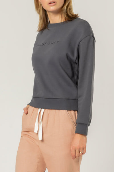 Nude Lucy Embr Slogan Sweater Washed Navy