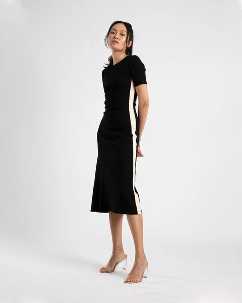 MIDI A LINE DRESS WITH SHORT SLEEVE - BLACK/CREAM STRIPE