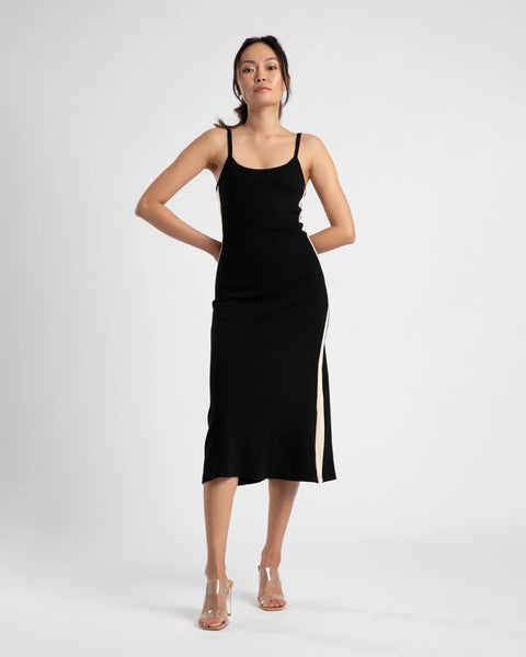 MIDI A LINE DRESS - BLACK/CREAM STRIPE
