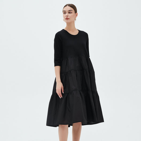 Ribbon tiered combo dress-black