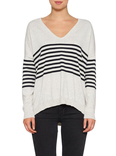 Spotting Stripes V-Neck Sweater- Grey Marle/Black