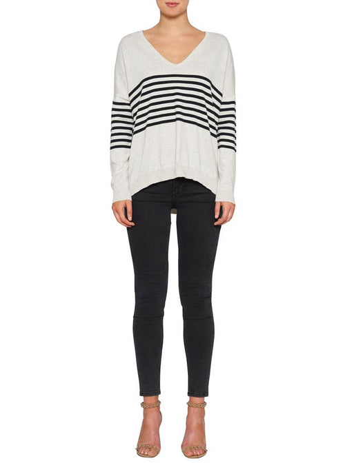 Spotting Stripes V-Neck Sweater- Grey Marle/Black