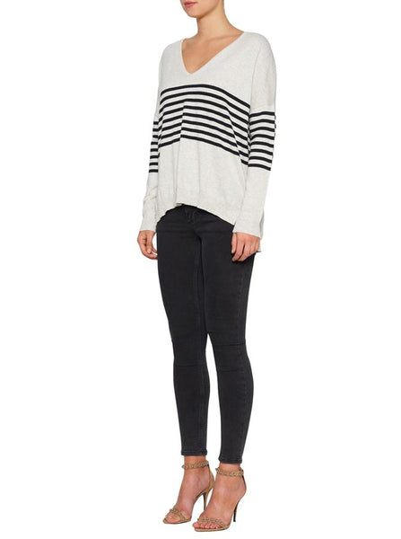 Spotting Stripes V-Neck Sweater- Grey Marle/Black