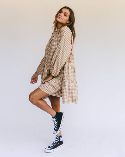 Avalon Smock Dress- Caramel Gingham