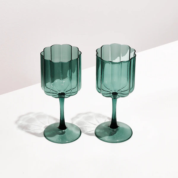 Two Wave Wine Glasses- Teal