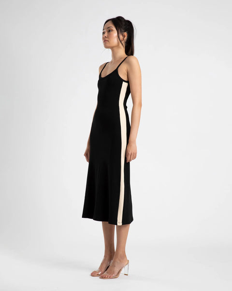 MIDI A LINE DRESS - BLACK/CREAM STRIPE