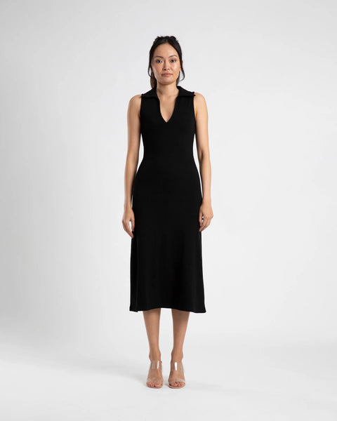 COLLARED V DRESS - BLACK/CREAM STRIPE