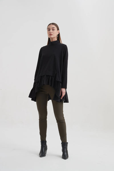 Funnel Neck Flange Blouse- Black