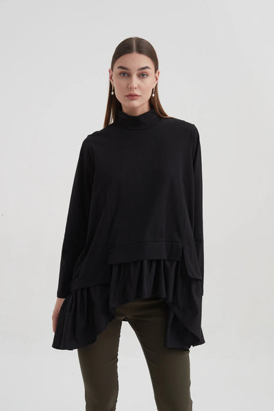 Funnel Neck Flange Blouse- Black