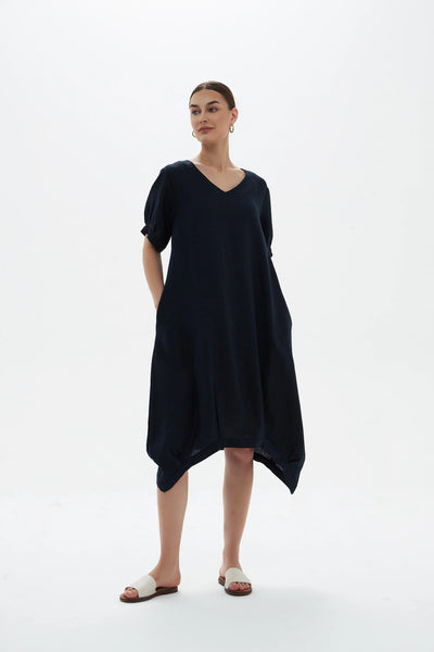 DEEPER V NECK BILLOW DRESS- NAVY