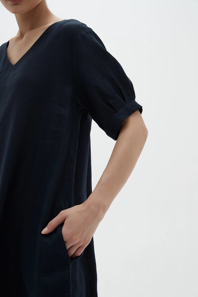 DEEPER V NECK BILLOW DRESS- NAVY
