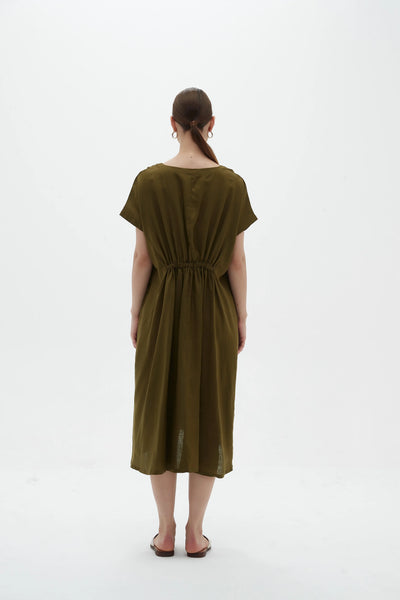 ELASTIC GATHER DRESS- DARK MOSS