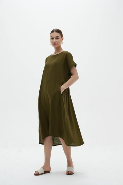 ELASTIC GATHER DRESS- DARK MOSS